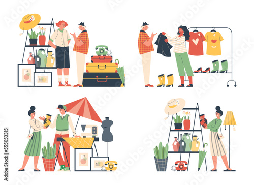 Set of scenes about flea market flat style, vector illustration