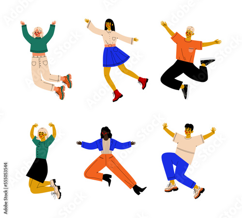 Happy multiracial people jumping in air set. Girls and guys celebrating success, having fun cartoon vector illustration