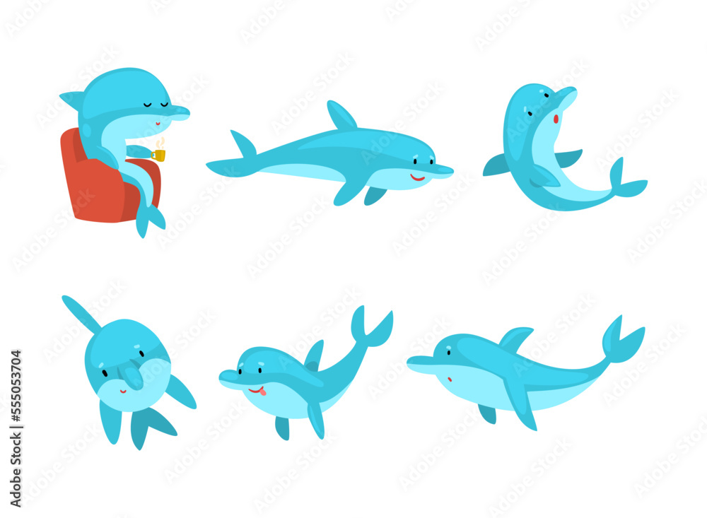 Cute funny bottlenose dolphin swimming and jumping set cartoon vector illustration Cute funny bottlenose dolphin swimming and jumping set cartoon vector illustration