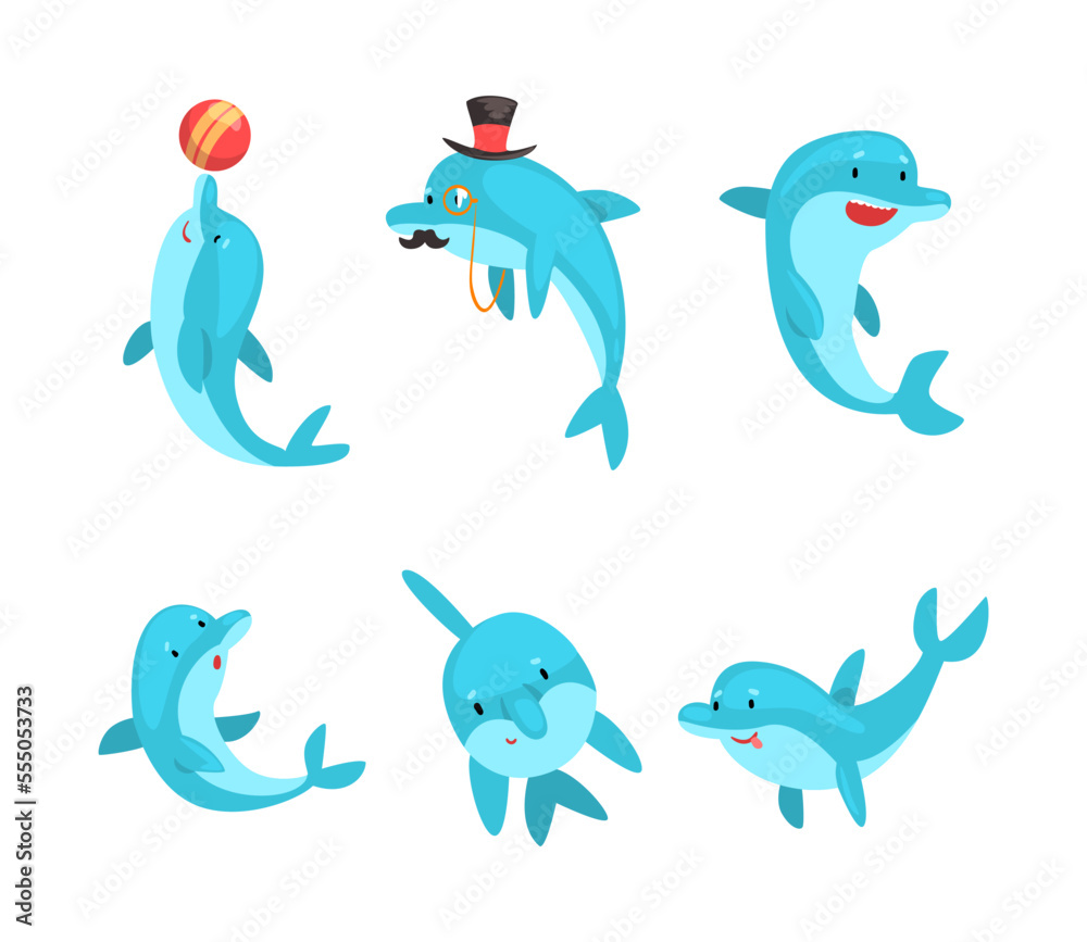 Cute bottlenose dolphins jumping and performing tricks at entertainment show set cartoon vector illustration Cute bottlenose dolphins jumping and performing tricks at entertainment show set cartoon vector illustration