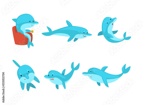 Cute funny bottlenose dolphin swimming and jumping set cartoon vector illustration