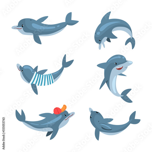 Cute funny dolphins swimming and jumping set cartoon vector illustration
