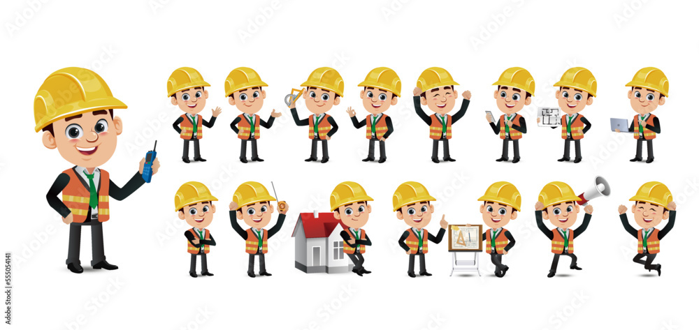 Set of flat engineer with different poses Set of flat engineer with different poses