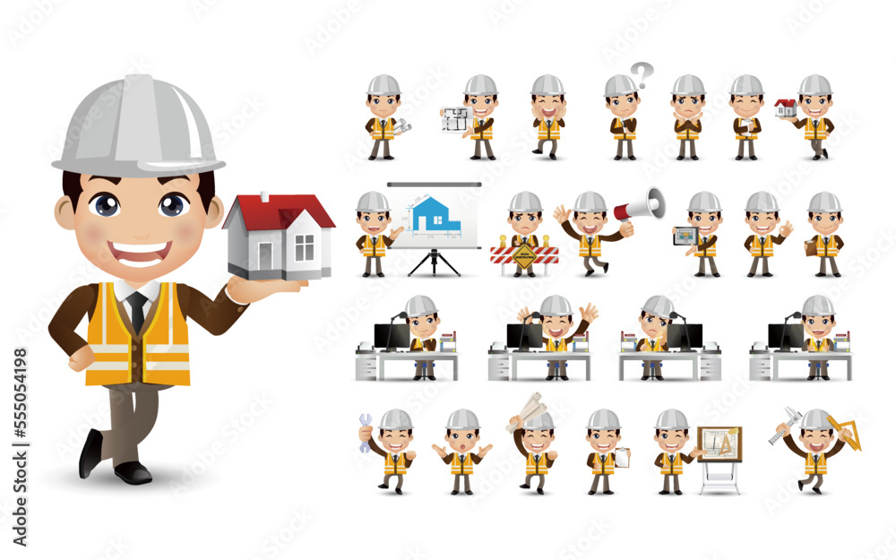 Set of flat engineer with different poses Set of flat engineer with different poses