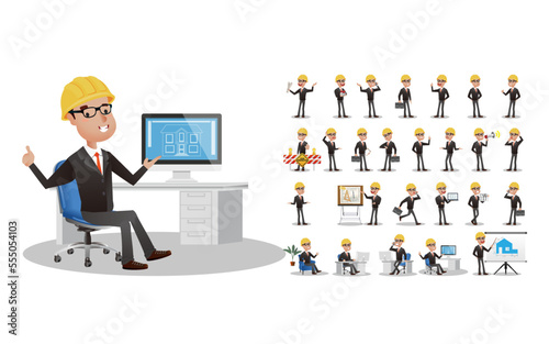 Set of flat engineer with different poses
