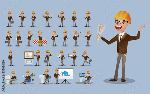 Set of flat engineer with different poses
