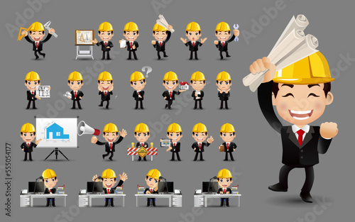 Set of flat engineer with different poses