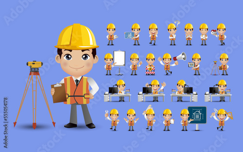 Set of flat engineer with different poses