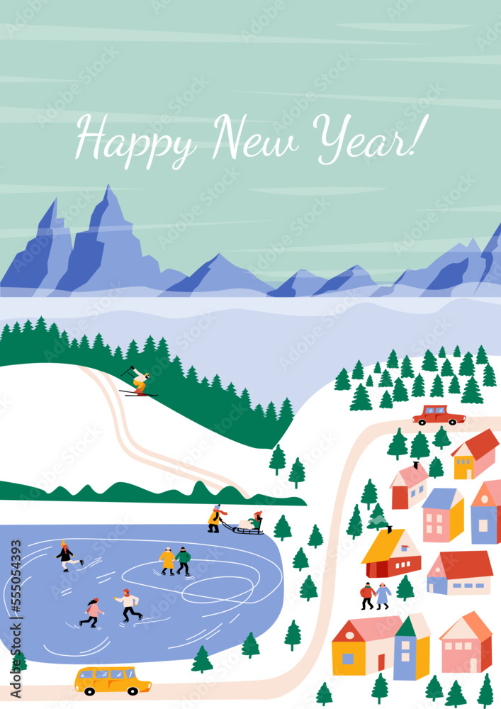 Happy new Year! Winter landscape, mountains, ice rink, spruces,  lake, snow,  cozy houses, people, cars. Vector border, frame. Perfect for a postcard or poster
