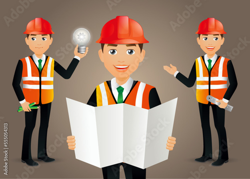 Set of flat engineer with different poses