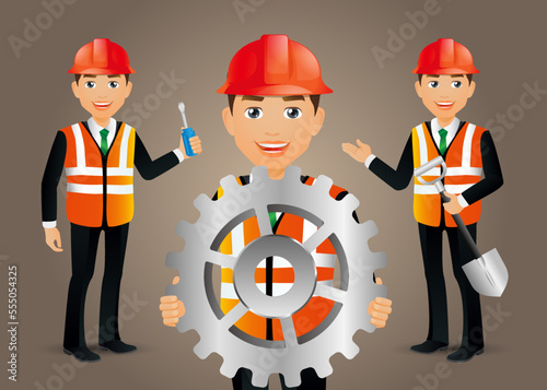 Set of flat engineer with different poses