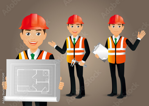 Set of flat engineer with different poses