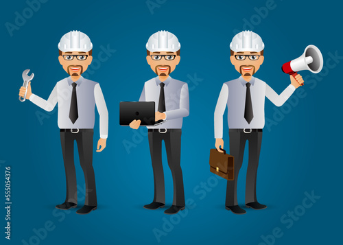 Set of flat engineer with different poses