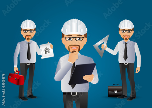 Set of flat engineer with different poses