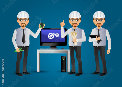 Set of flat engineer with different poses