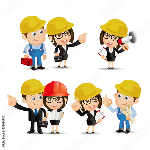 Set of engineer with different poses