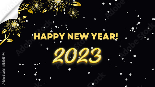 premium happy new year 2023 wish image with sparkle flower and notebook fold background