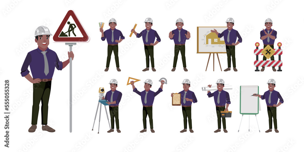 Set of worker with different poses