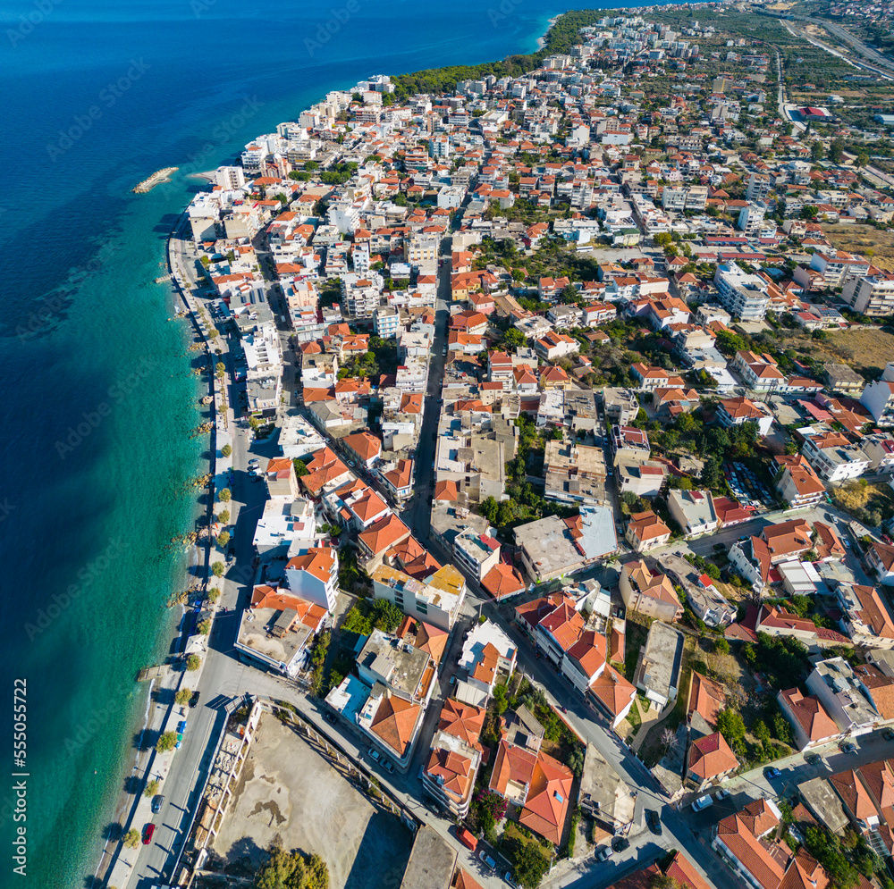 Aerial view around the city Xylokastro in Greece on a sunny day in autumn	
