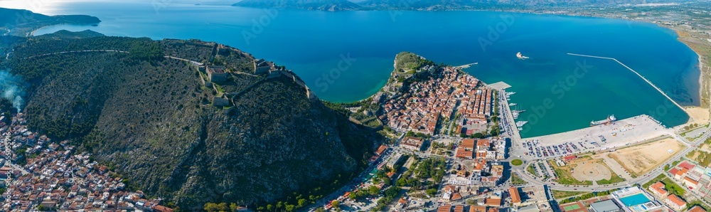 Aerial view around the city Nafplion in Greece on a sunny day in autumn	