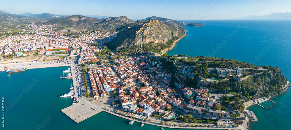Aerial view around the city Nafplion in Greece on a sunny day in autumn	