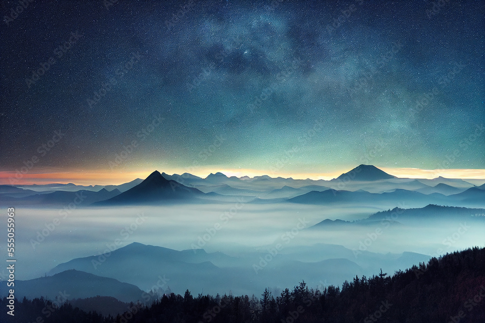 fantastic wonderland landscape Milky Way above mountains in fog at night in autumn