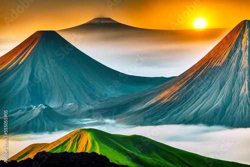 Surreal image of an unreal peaceful dreamy landscape with volcanoes and the rising sun, made with generative AI