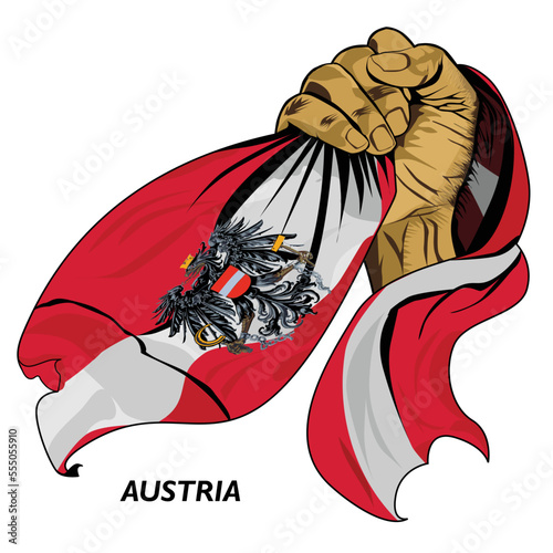 Fisted hand holding Austrian flag. Vector illustration of Hand lifted and grabbing flag. Flag draping around hand. Eps format