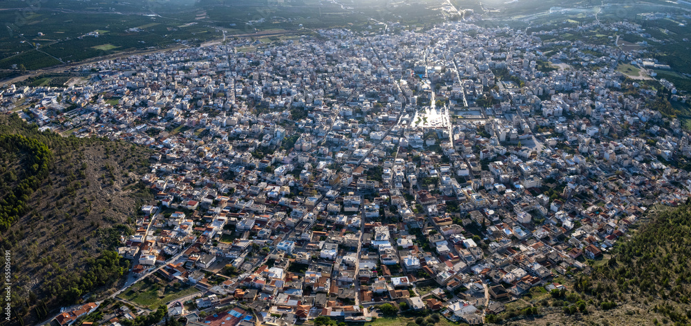 Aerial view around the city Argos in Greece on a sunny day in autumn	
