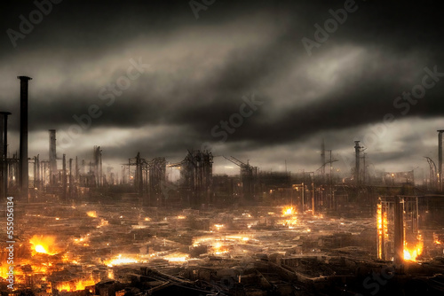 Dystopian dark depressing landscape with black clouds, fireplaces and skeletons of industrial buildings, made with generative AI