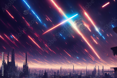 Beautiful anime Coruscant city Painting, Fantasy, Star Wars © surassawadee