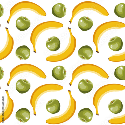 Seamless pattern with apples and bananas. 