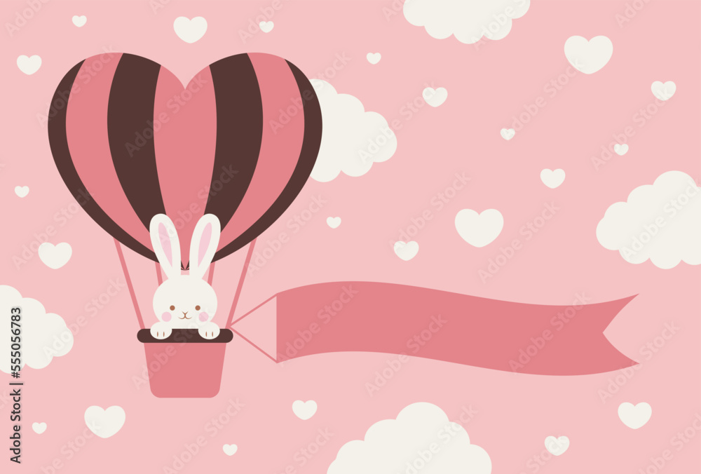 Fototapeta premium valentine’s day vector background with a rabbit in a heart hot-air balloon in the sky for banners, cards, flyers, social media wallpapers, etc.