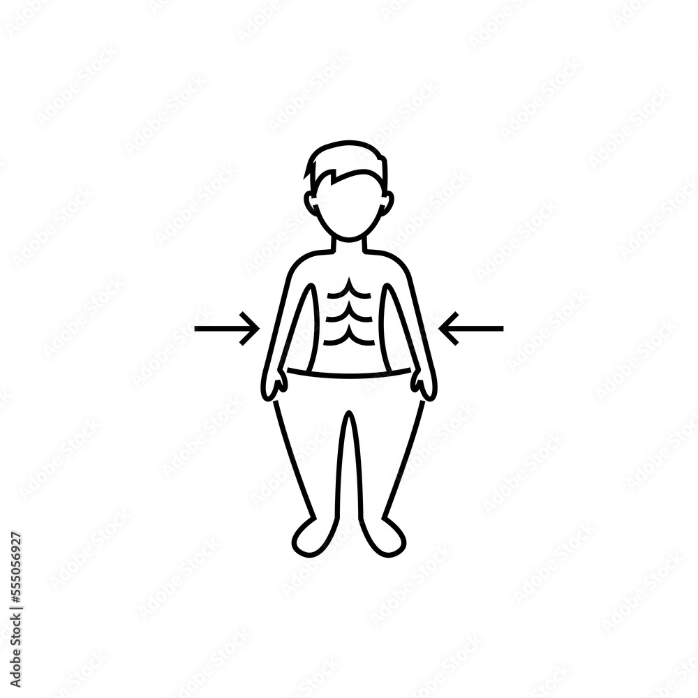 Weight loss after disease thin line icon. Lean man in big trousers. Long covid. Vector illustration.