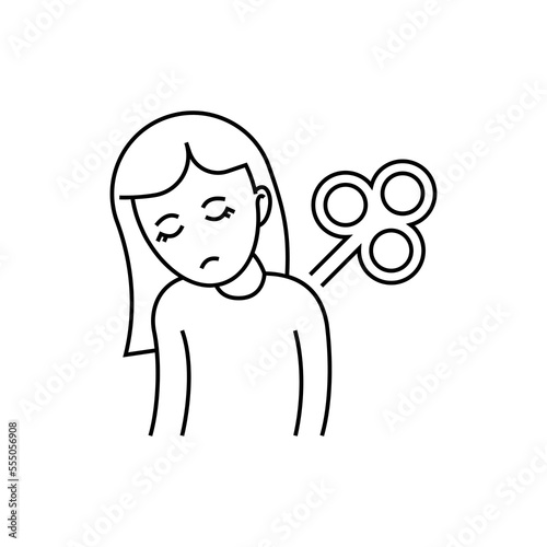 Fatigue, tiredness, apathy gradient flat icon. Tired girl with clockwork on the back. Post-covid syndrome. Vector illustration.