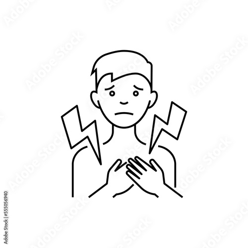 Chest pain thin line icon. Man touching his chest. Heart attack. Post covid syndrome. Vector illustration.