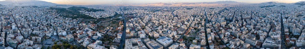 Aerial view around the capital city Athens in Greece on a sunny early morning in fall.