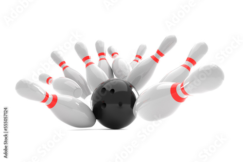 Bowling Action Ball Strikes the Bowling pins on white background. 3d Illustration Render