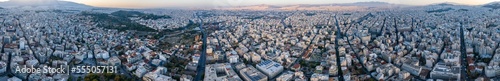 Aerial view around the capital city Athens in Greece on a sunny early morning in fall.