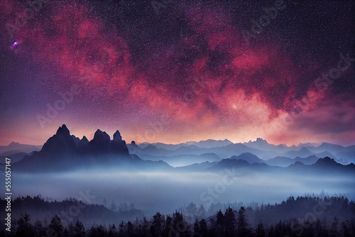 fantastic wonderland landscape Milky Way above mountains in fog at night in autumn