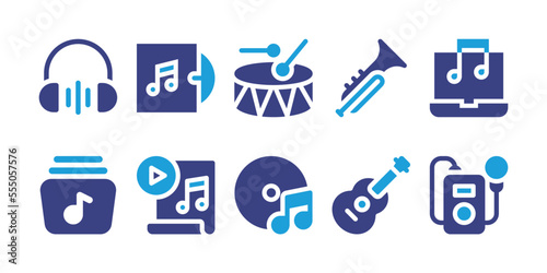 Music icon set. Duotone color. Vector illustration. Containing headphone, music album, drum, trumpet, music, list, music sheet, cd, guitar, music player.