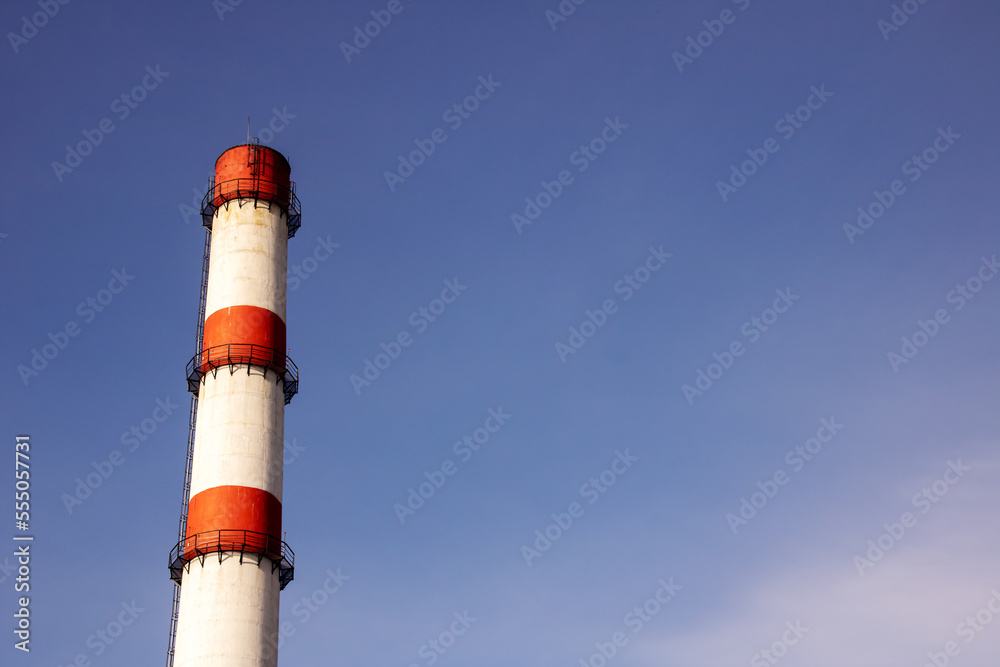 Red and white pipe of plant against background of blue sky