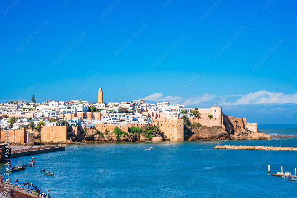 Scenic view of Rabat Morocco's capital city. Kasbah des Oudayas and Bouregreg River