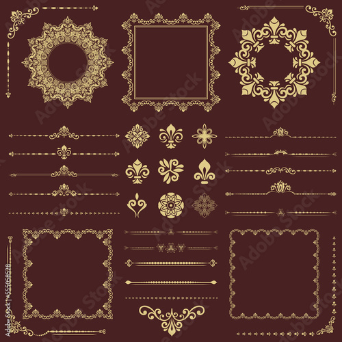 Vintage set of horizontal, square and round elements. Golden elements for backgrounds, frames and monograms. Classic patterns. Set of vintage golden patterns