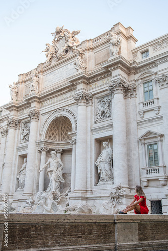 Tourist at Trevi Fountain in Rome Italy Fontana di Trevi Roma