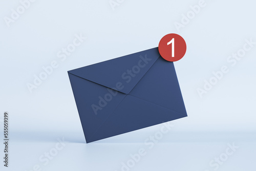 Newsletter or message concept with front view on dark blue email paper envelope with white unit in red circle on the corner on light background. 3D rendering