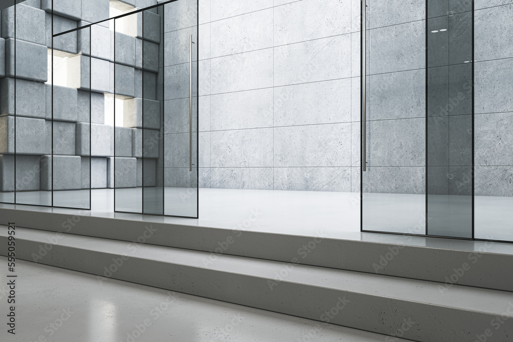 Obraz premium Contemporary hallway interior in building with glass doors and concrete floor. Architecture and modern design concept. 3D Rendering.