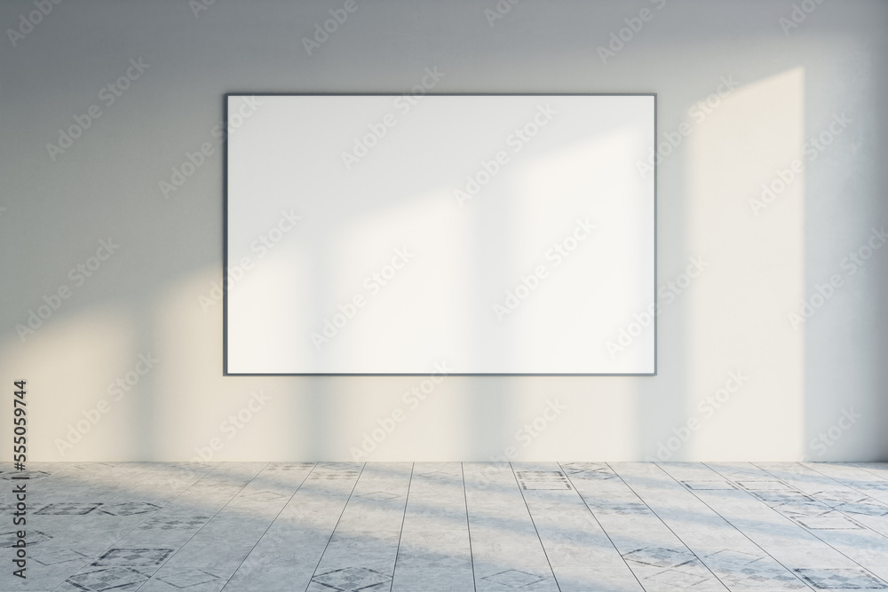 Modern empty white mock up banner in room interior with shadows and sunlight, mock up place on concrete wall. 3D Rendering. Modern empty white mock up banner in room interior with shadows and sunlight, mock up place on concrete wall. 3D Rendering.