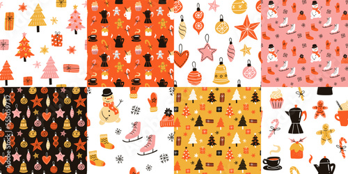 Set of vector seamless patterns for christmas holidays and new year. Fir trees and christmas presents, toys and sweets, snowman, snow skates and mittens with socks.