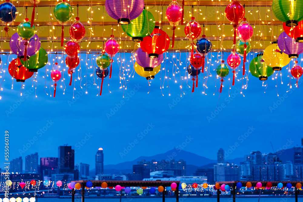 Photo Art Print Chinese Lantern with city skyline background in Hong Kong leeyiutung